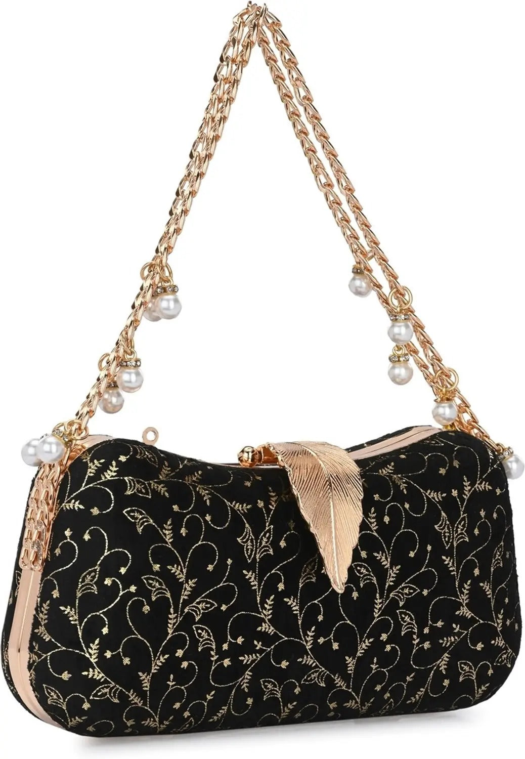 Black & Gold Printed Pearl Chain Clutch — Elegant Party Sling Bag