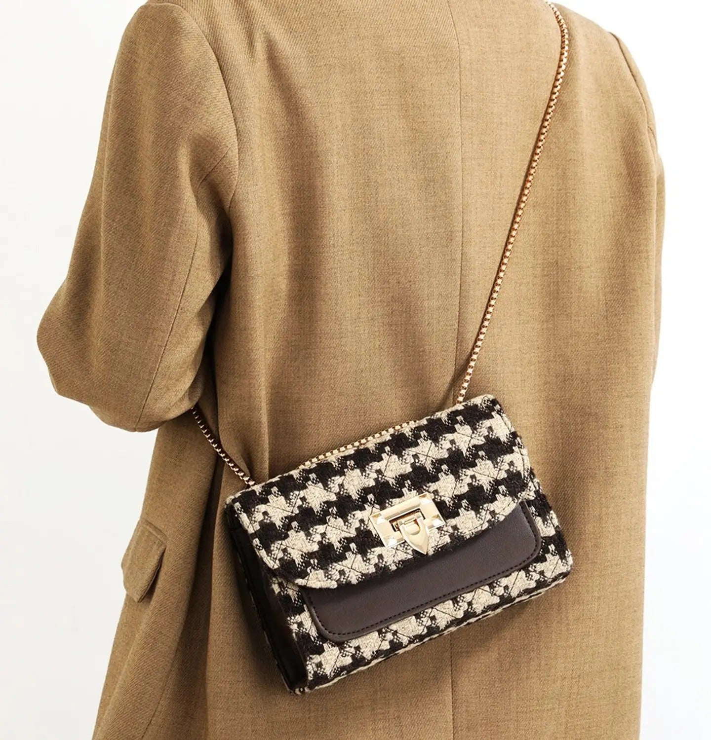 Checked Tweed Chain Sling Bag — Chic Mini Crossbody Purse