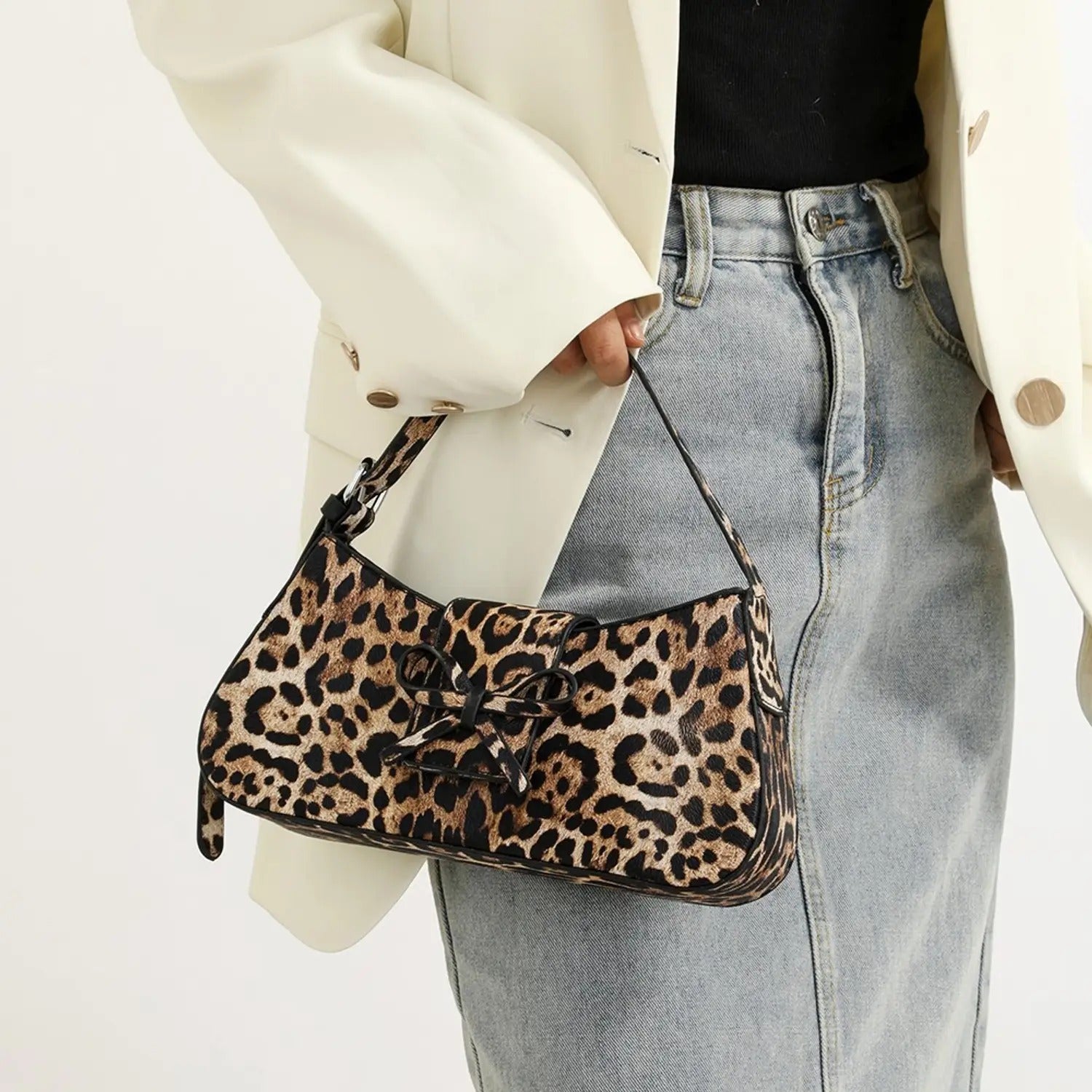 Leopard Print Bow Shoulder Bag — Trendy Gen-Z Statement Purse